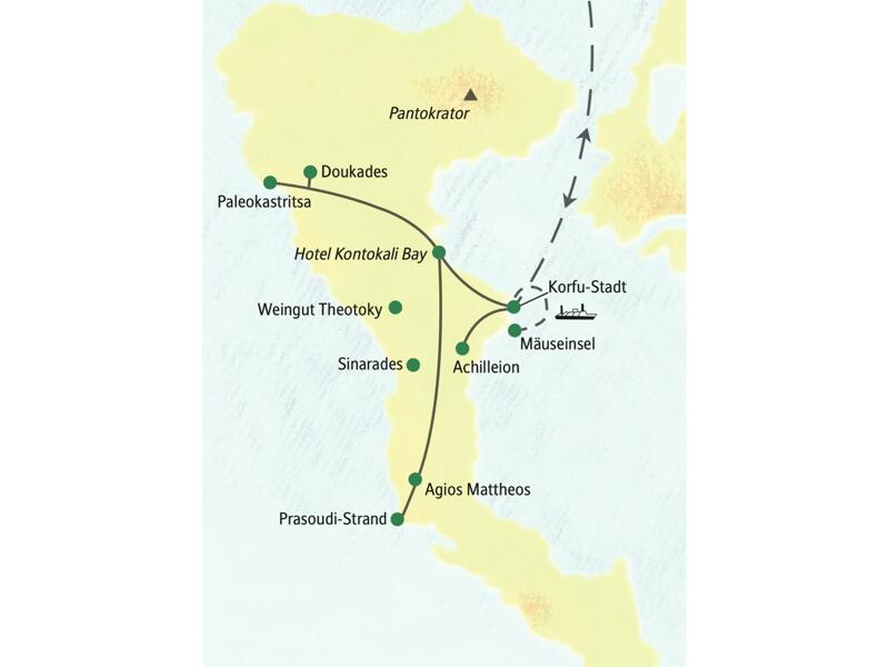 Von unserem erstklassigen Hotel in Kontokali auf Korfu aus lernen wir bei dieser Rundreise unter anderem Korfu-Stadt, das Kloster Theotokou in der Bucht von Paleokastritsa und die Gärten von Schloss Achilleion kennen.