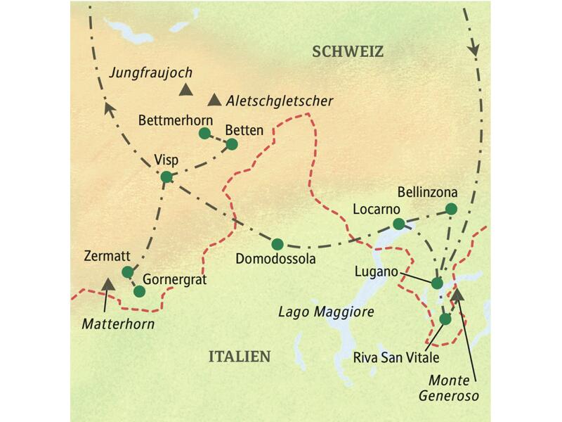 Verlauf der neuntägigen Studienreise "Tessin und Wallis - die Sonnenseite der Schweiz"