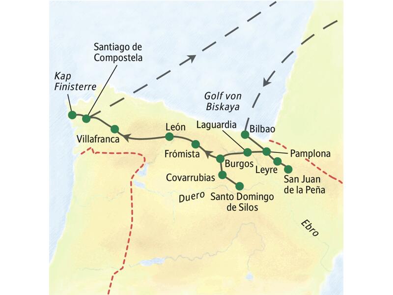 Die Route unserer 12-tägigen Studienreise entlang des Jakobsweges im Norden Spaniens startet in Bilbao und führt über Pamplona, Burgos, León und Villafranca bis nach Santiago de Compostela. Zum Abschluss unternehmen wir einen Ausflug ans "Ende der Welt", das Kap Finisterre.