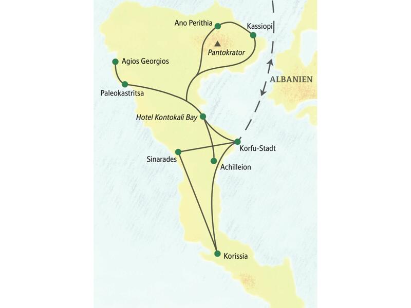 Routenverlauf der geführten Rundreise auf Korfu ab Kontokali Bay nach Korfu-Stadt, Paleokastritsa, Achilleion und Kassiopi.