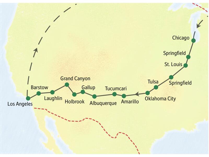 Karte der Studiosus Studienreise auf der Route 66, die von Chicago über St. Louis, Albuquerque und Grand Canyon nach Los Angeles führt.