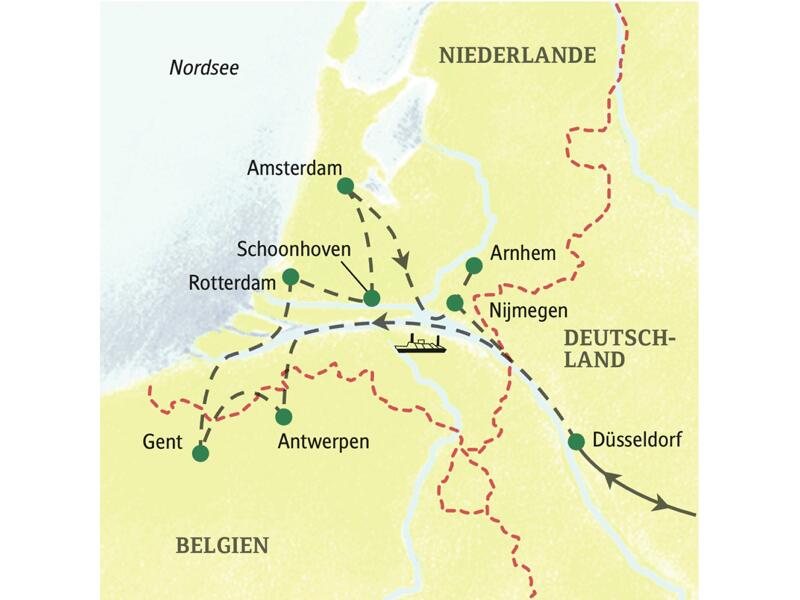 Karte unserer Studienreise als Kreuzfahrt in die Niederlande und nach Belgien mit Route ab Düsseldorf zu Amsterdam, Gent und Antwerpen.