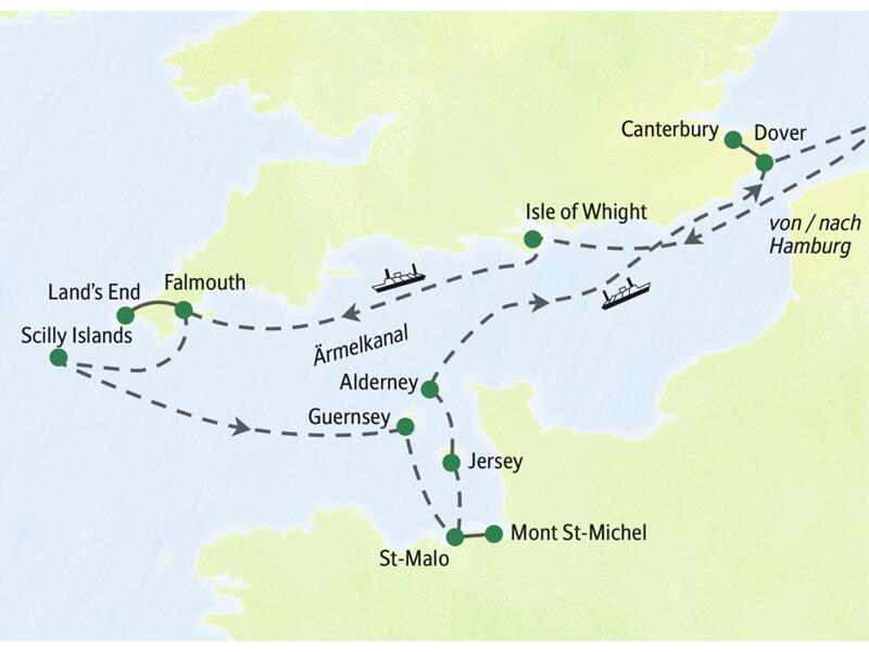 Verlauf der Studiosus Studienreise im Ärmelkanal: Die Kreuzfahrt führt von Hamburg zur Isle of Wight, Cornwall, den Kanalinseln.