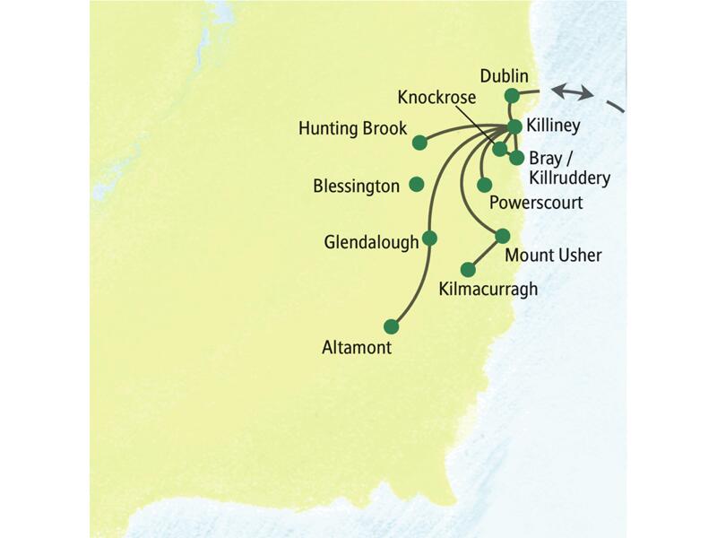 Karte der Eventreise Gartenparadiese in Irland: Ausflüge von Killiney nach Dublin, Powerscourt, Glendalough und Altamont.