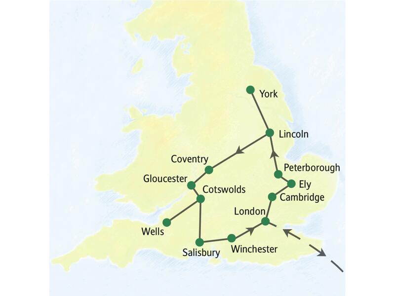 Karte der Studienreise durch England, die in London startet und über York, Coventry und Salisbury wieder zurückführt.