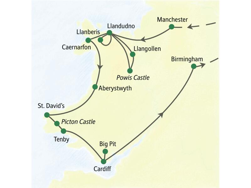 Karte der Studiosus Studienreise in Wales: Route von Llandudno über Caernarfon und St. David's nach Cardiff.