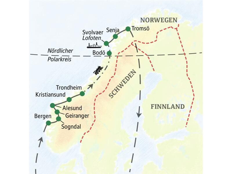 Karte der Studiosus-Reise Norwegens schönste Landschaftsrouten. Die Route führt von Bergen über die Fjorde und die Lofoten bis nach Tromsö.