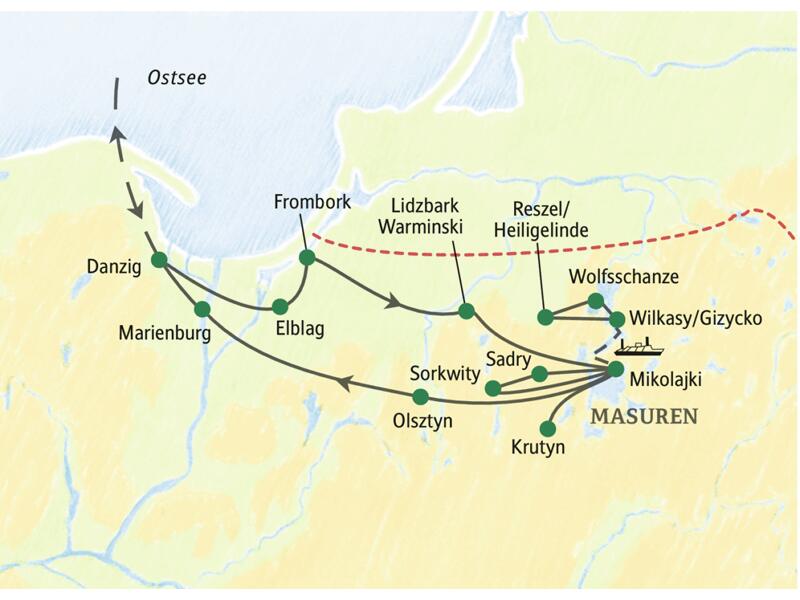 Routenverlauf der Eventreise in Polen: von Danzig durch die Masuren mit Mikolajki und Wilkasy, zurück über die Marienburg.