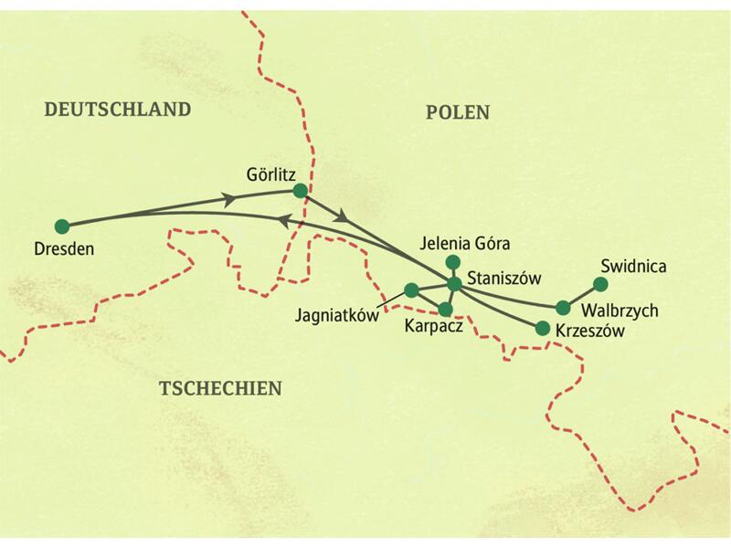 Karte der Studienreise nach Polen, die von Dresden über Görlitz nach Jelenia Góra, Karpacz, Swidnica und Krzeszów führt.