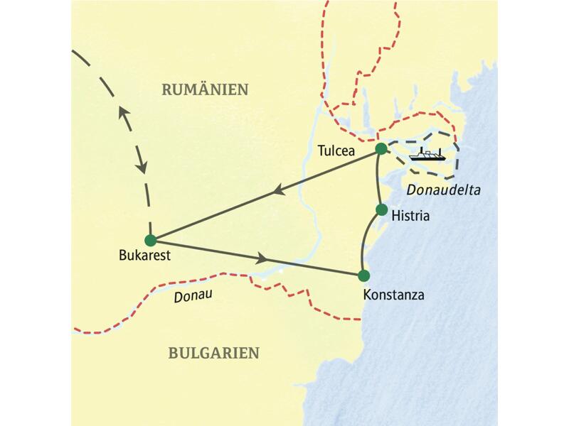 Karte der Studiosusreise in Rumänien: Route von Bukarest über Konstanza, Histria und Tulcea ins Donaudelta und zurück.