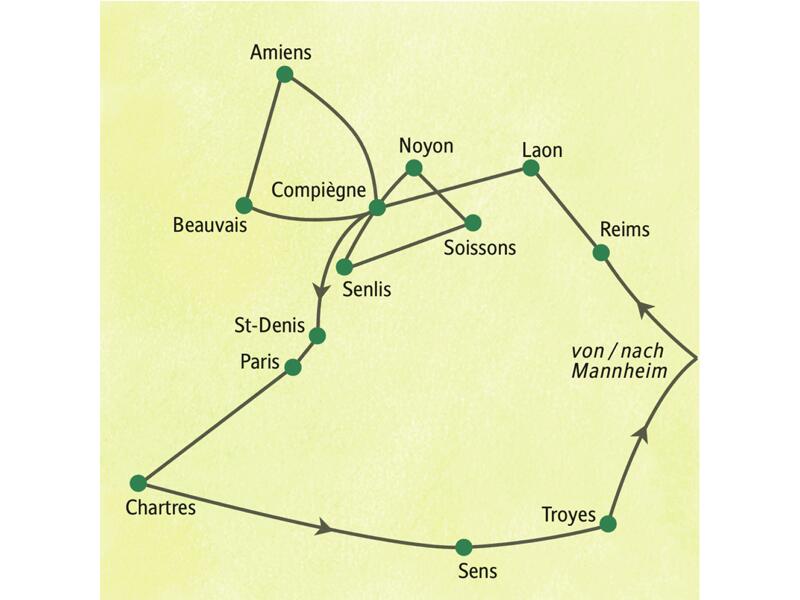 Karte der Studienreise in die Heimat der Gotik, die ab Mannheim über Reims, Amiens, Paris und Chartres führt.