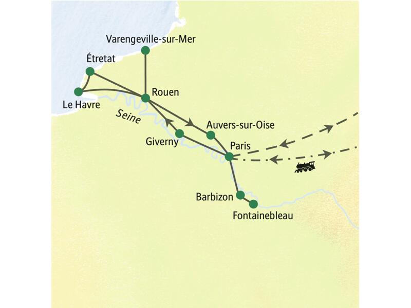 Reiseroute der Studiosus-Studienreise zu den Impressionisten: von Paris über Giverny, Rouen und Étretat zurück nach Paris.