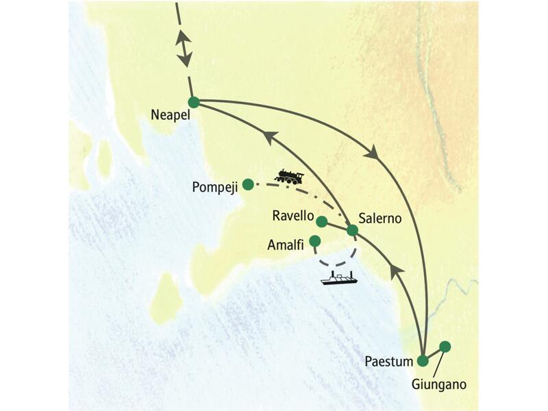 Routenverlauf der Studiosus Studienreise in Kampanien: von Neapel über Paestum und Salerno zur Amalfiküste mit Pompeji.