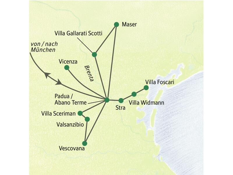 Karte der Studiosus Studienreise im Veneto: Route ab Padua zu Palladio-Villen in Maser, Vicenza, Stra und den Euganeischen Hügeln.