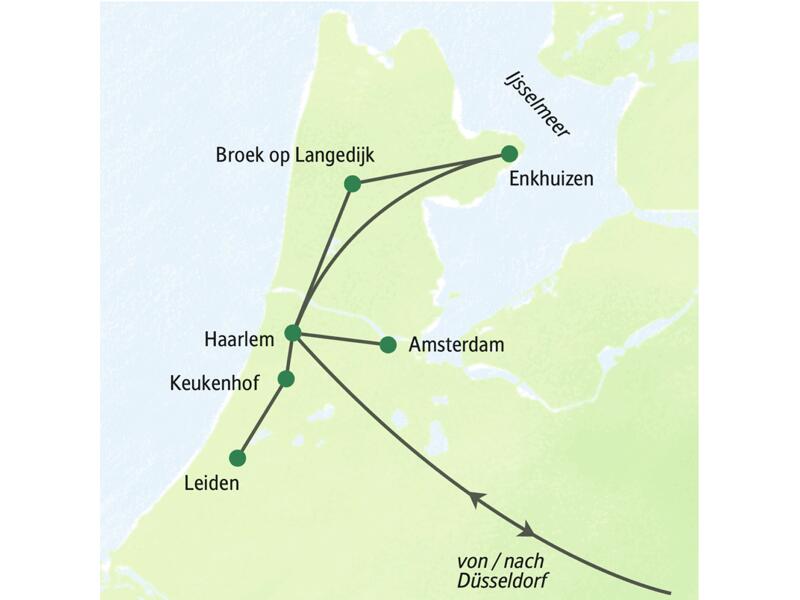 Reiseroute der Studienreise in die Niederlande: von Düsseldorf über Haarlem, Leiden, Keukenhof, Amsterdam und Enkhuizen.