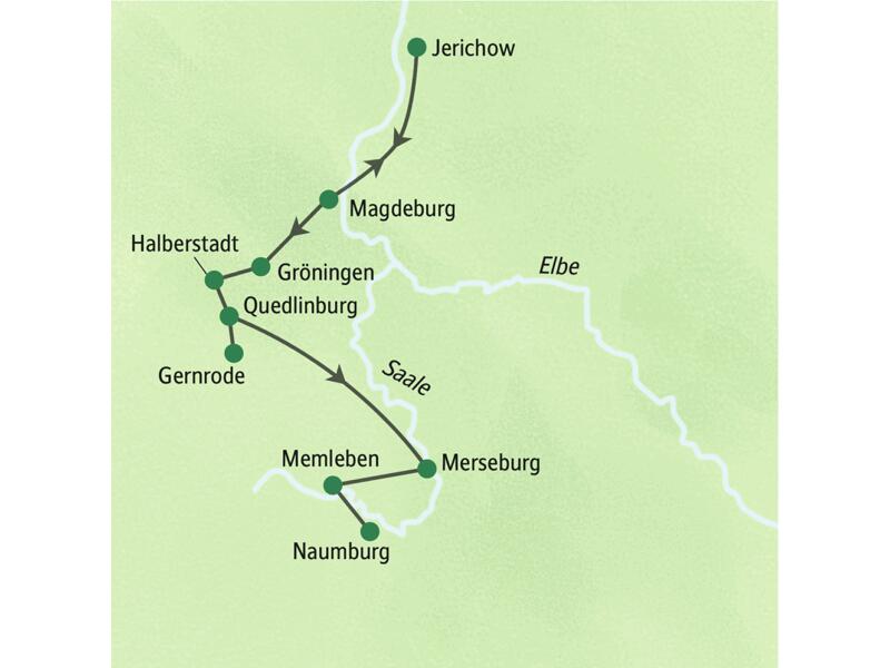 Karte der Studienreise auf der Straße der Romanik, die von Magdeburg über Quedlinburg und Merseburg nach Naumburg führt.