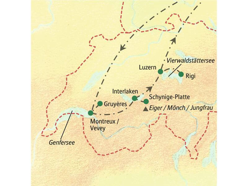 Übersichtskarte unserer 8-tägigen Studienreise in der Schweiz von Montreux über Gruyères, Interlaken und Luzern auf die Rigi.