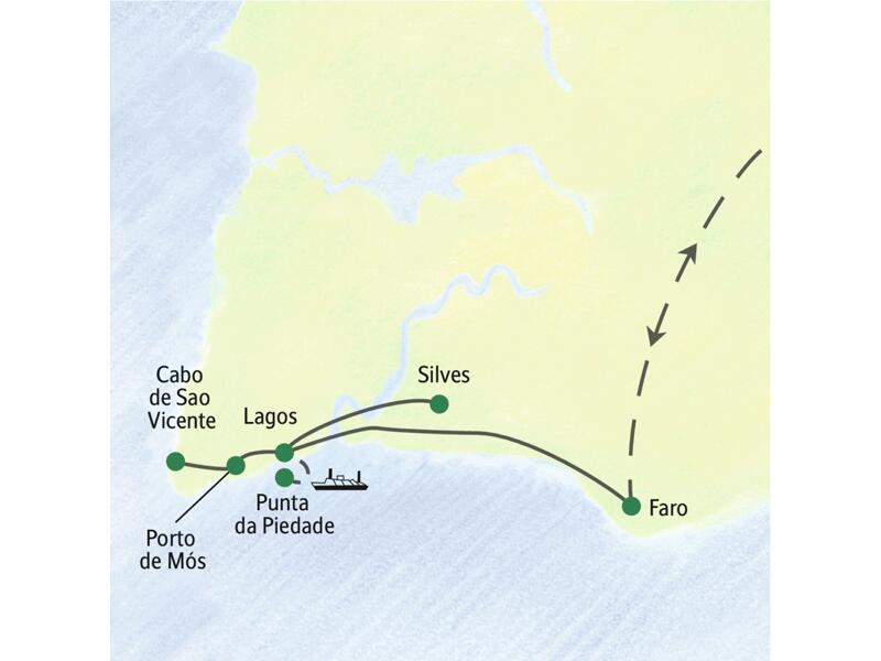 Karte der philosophischen Studienreise an der Algarve mit Route von Faro über Lagos, Silves und zum Cabo de Sao Vicente