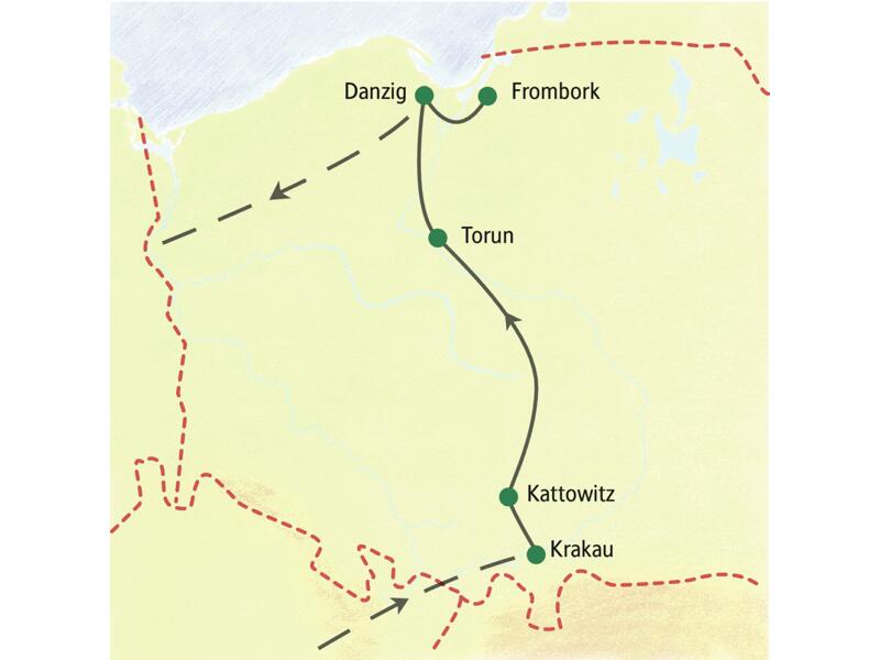 Karte der Studienreise durch Polen, die von Krakau über Kattowitz und Torun bis nach Danzig und Frombork führt.