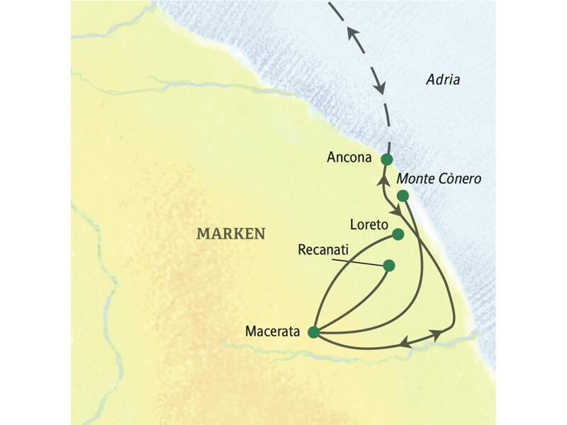 Routenverlauf unserer Eventreise in die Marken: von Ancona über Macerata, Recanati, Loreto bis zum Monte Conero.