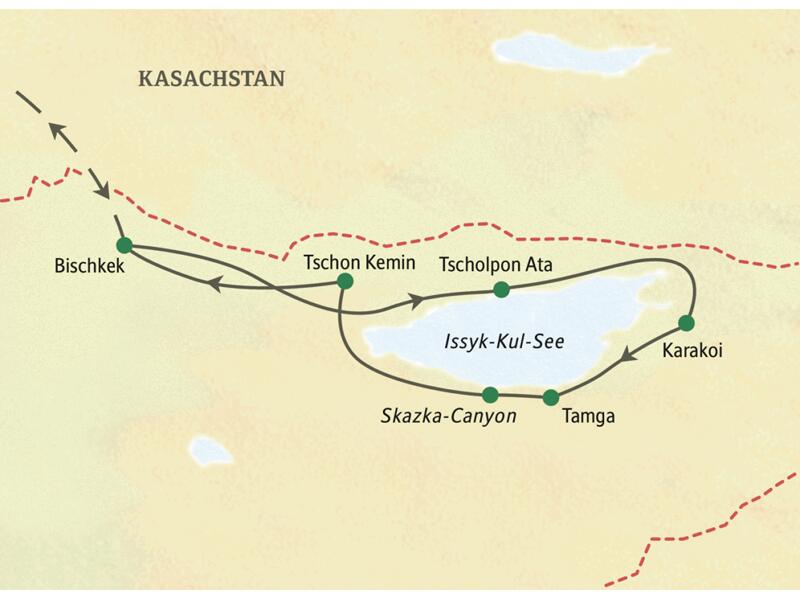 Karte der Eventreise in Kirgisistan: Die geführte Rundreise startet in Bischkek und führt um den Issyk-Kul-See via Karakol.