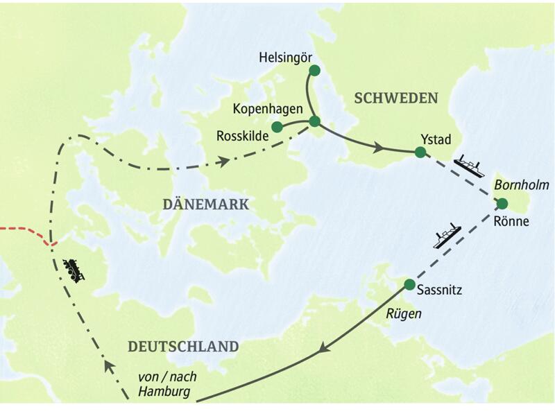 Reiseroute unserer Studienreise nach Dänemark: von Hamburg über Kopenhagen und Ystad (Schweden) zur Insel Bornholm und zurück.