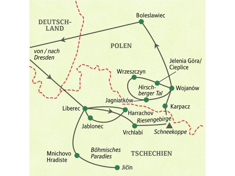 Karte der Studiosus Studienreise Riesengebirge: Route von Dresden über Liberec (Tschechien) und Wojanów (Polen) zurück.