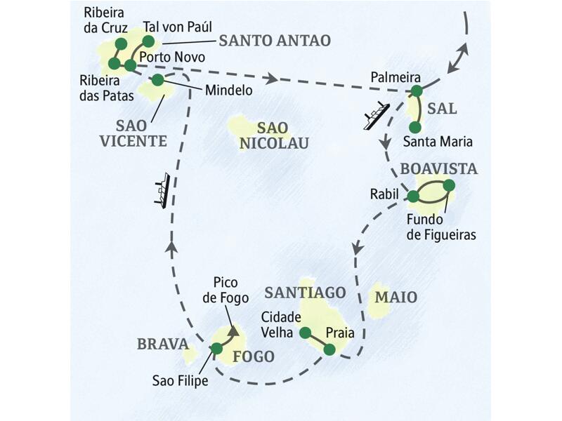 Karte der Studienreise als Kreuzfahrt zu den Kapverden: Route über die Inseln Sal, Boa Vista, Santiago, Fogo und Santo Antao.