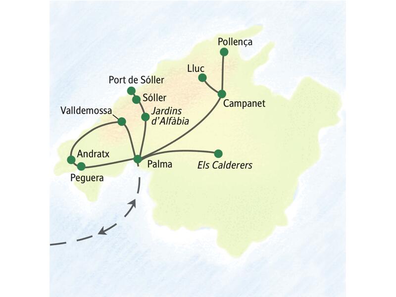 Karte der Studiosus Eventreise auf Mallorca mit Route von Palma nach Peguera, Valldemossa, Sóller und Pollenca.
