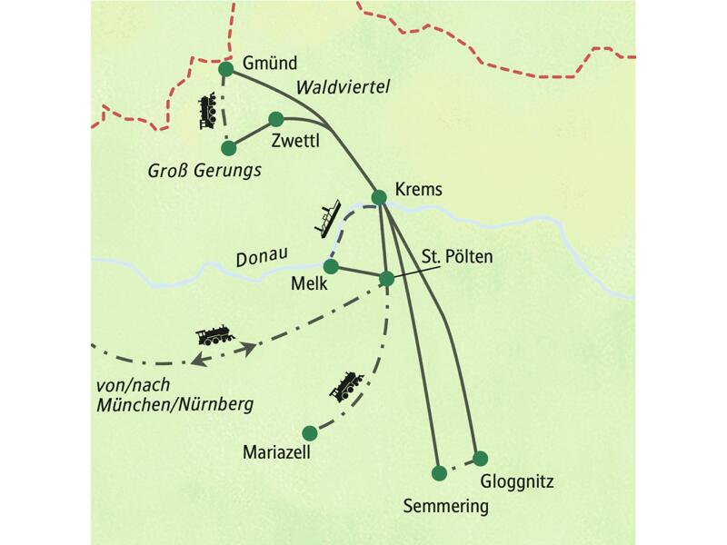 Karte der Studiosus Eventreise durch Österreichs Bahnwelten: Route von Krems nach Melk, Mariazell, ins Waldviertel und zum Semmering.
