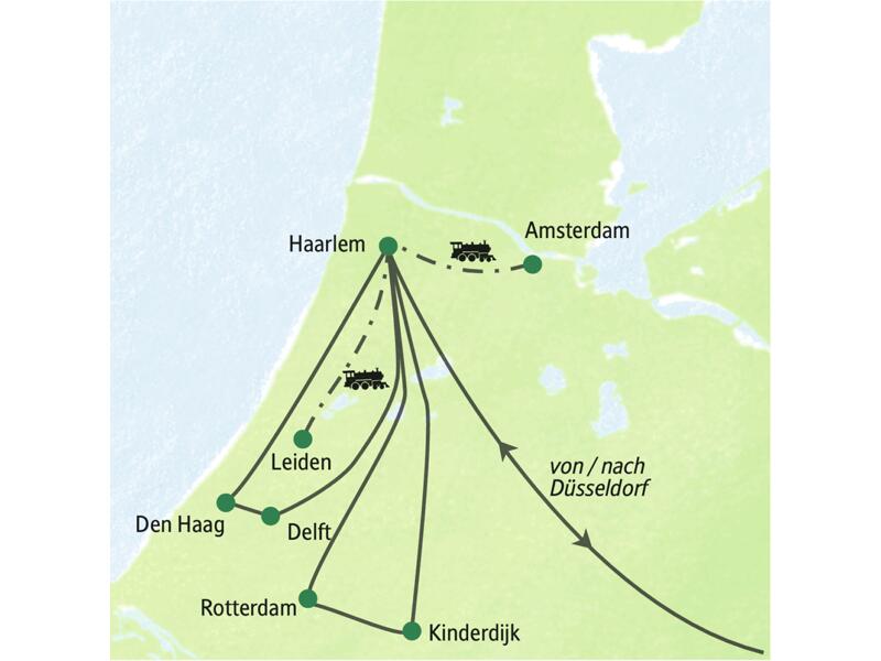 Reisekarte der Studiosus-Studienreise in Holland mit der Route ab Haarlem nach Amsterdam, Leiden, Den Haag und Rotterdam.