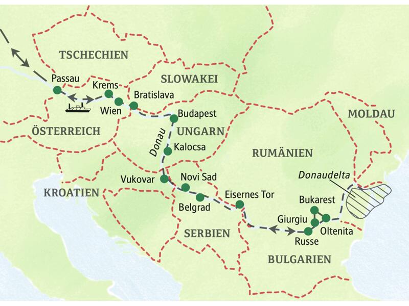 Route unserer Studienreise als Kreuzfahrt auf der Donau von Passau über Wien und Budapest bis zum Donaudelta.