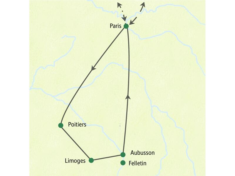 Karte der Studiosus Studienreise in Frankreich von Paris über Poitiers, Limoges und Aubusson wieder zurück nach Paris.