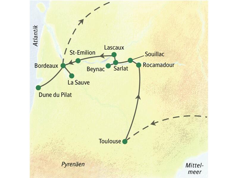 Routenverlauf der Studienreise in Südwestfrankreich: von Toulouse über Rocamadour, Sarlat und St-Émilion nach Bordeaux.
