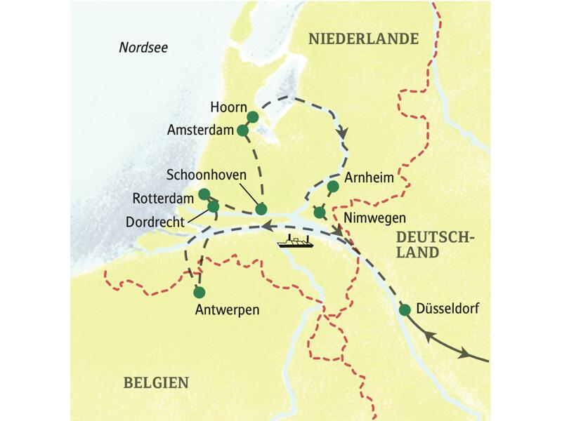 Karte der Studienreise als Kreuzfahrt in die Niederlande und Belgien. Route von Düsseldorf über Antwerpen, Rotterdam und Amsterdam.