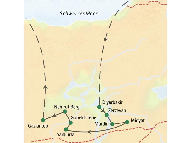 Karte der Studiosus Studienreise in der Südost-Türkei: Route von Diyarbakir über Mardin, Sanliurfa und den Nemrut Berg nach Gaziantep.