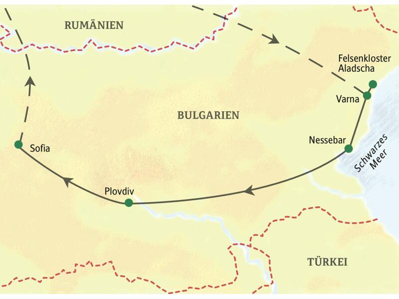 Reiseroute unserer geführten Eventreise in Bulgarien: von Varna am Schwarzen Meer über Nessebar und Plovdiv nach Sofia.