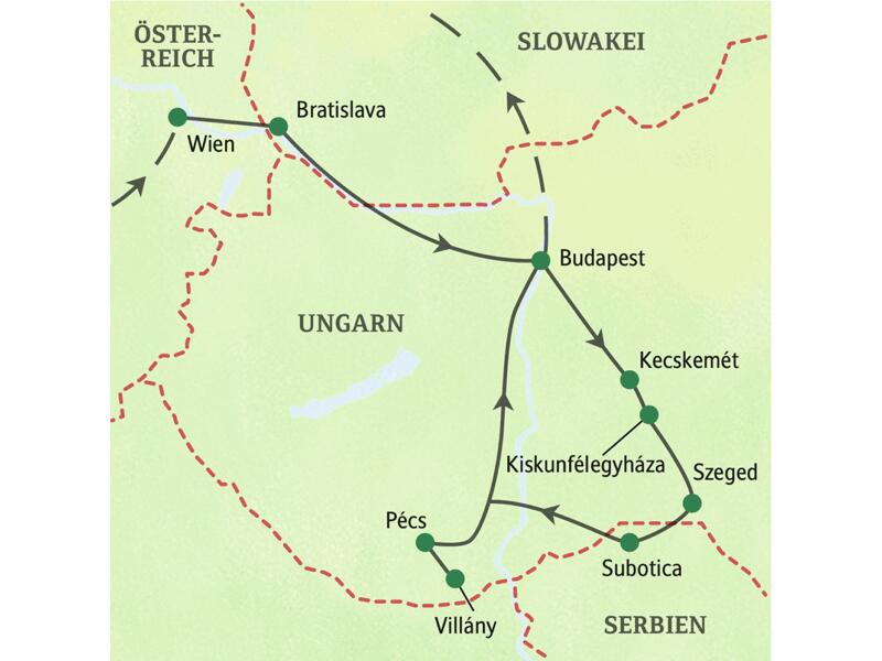 Karte der Studienreise zum Jugendstil in Mitteleuropa. Die Route führt von Wien über Budapest, Szeged, Subotica und Pécs.