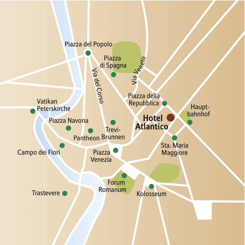 Der Stadtplan von Rom zeigt die wichtigsten Sehenswürdigkeiten, die wir auch auf der 6-tägigen Städtereise besuchen, sowie die zentrale Lage des Hotels Atlantico.