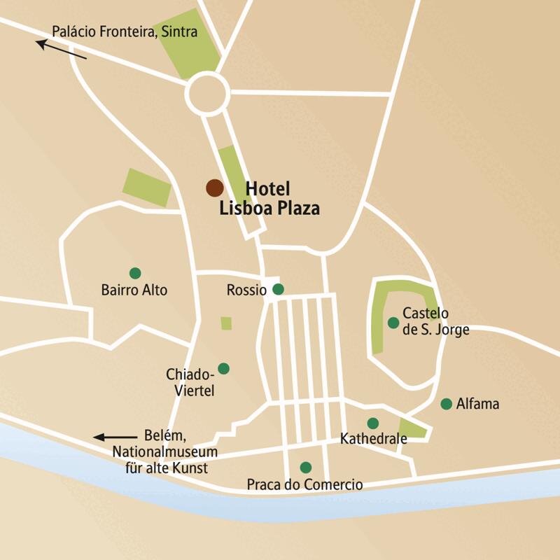 Das Hotel Lisboa Plaza, in dem Sie auf dieser Städtereise nach Lissabon viermal übernachten, liegt zentral. Auch andere Besichtigungspunkte wie das Castelo de Sao Jorge, die Alfama, das Chiado-Viertel und das Bairro Alto sind von dort aus gut zu erreichen.