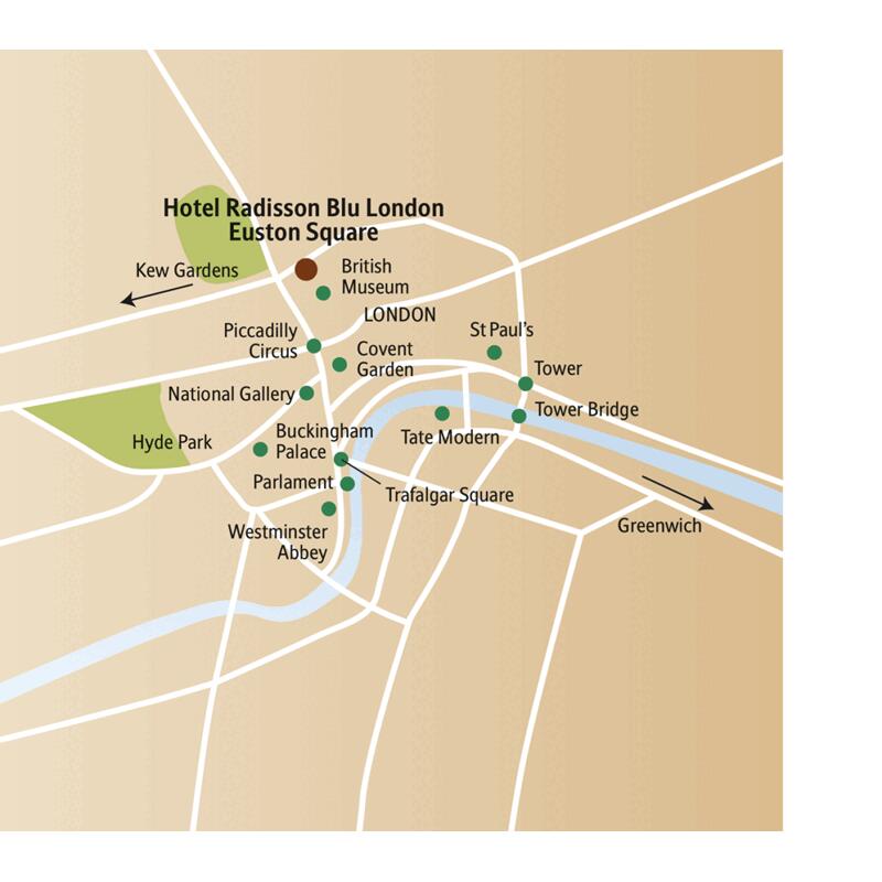 Der Stadtplanausschnitt zeigt die Innenstadt von London mit ihren vielen Sehenswürdigkeiten und den Standort unseres Hotels Radisson Blu London Euston Square auf unserer sechstägigen London-Städtereise.