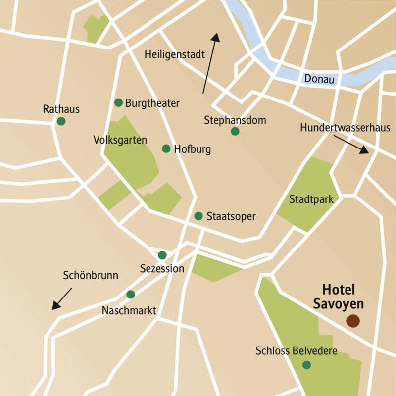 Vom Hotel Savoyen, ganz in der Nähe des Belvedere-Parks gelegen, erreichen Sie auf Ihrer fünftägigen Städtereise die schönsten Plätze Wiens bequem zu Fuß oder mit öffentlichen Verkehrsmitteln.