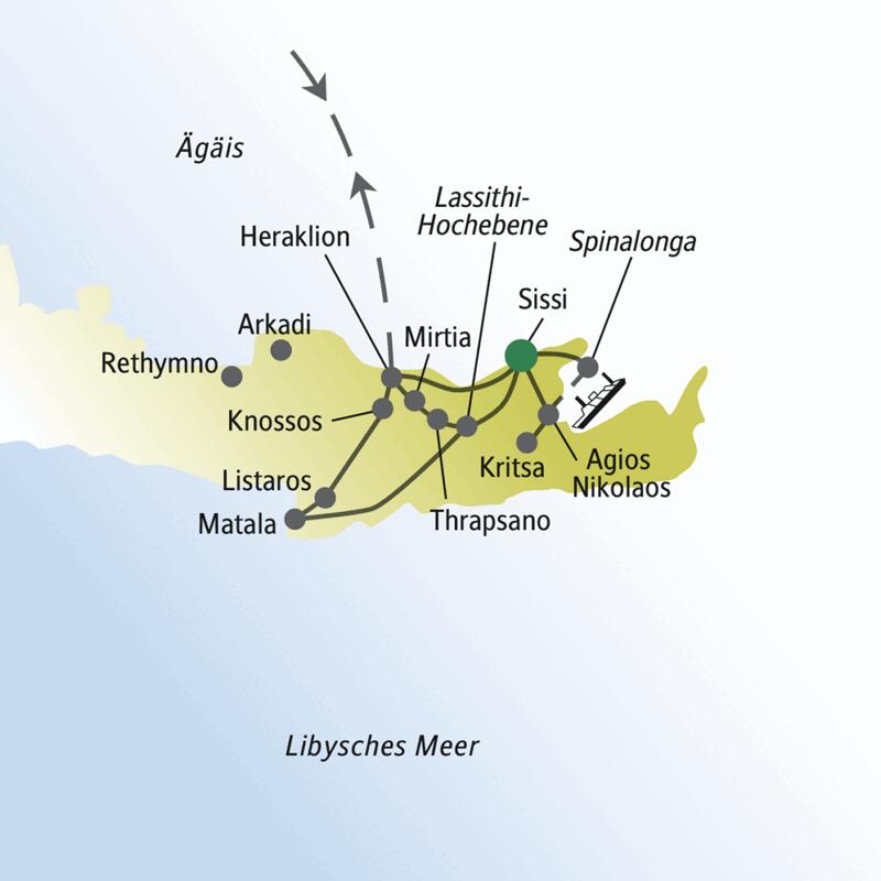 Unsere me&more-Reise für Singles und Alleinreisende führt uns über die Insel u.a. nach Heraklion, Knossos, Spinalonga und zur Lassithi-Hochebene.