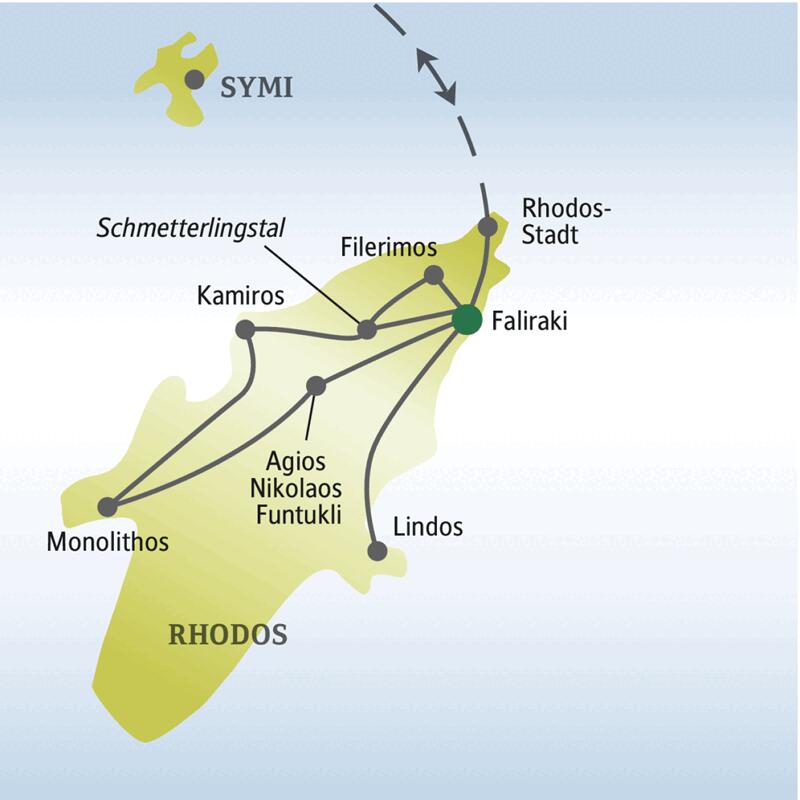 Vom Badeort Faliraki aus erkunden wir die Insel Rhodos und erleben auf unserer Singlereise Kamiros, Monolithos, Rhodos-Stadt, Filerimos und das Schmetterlingstal.