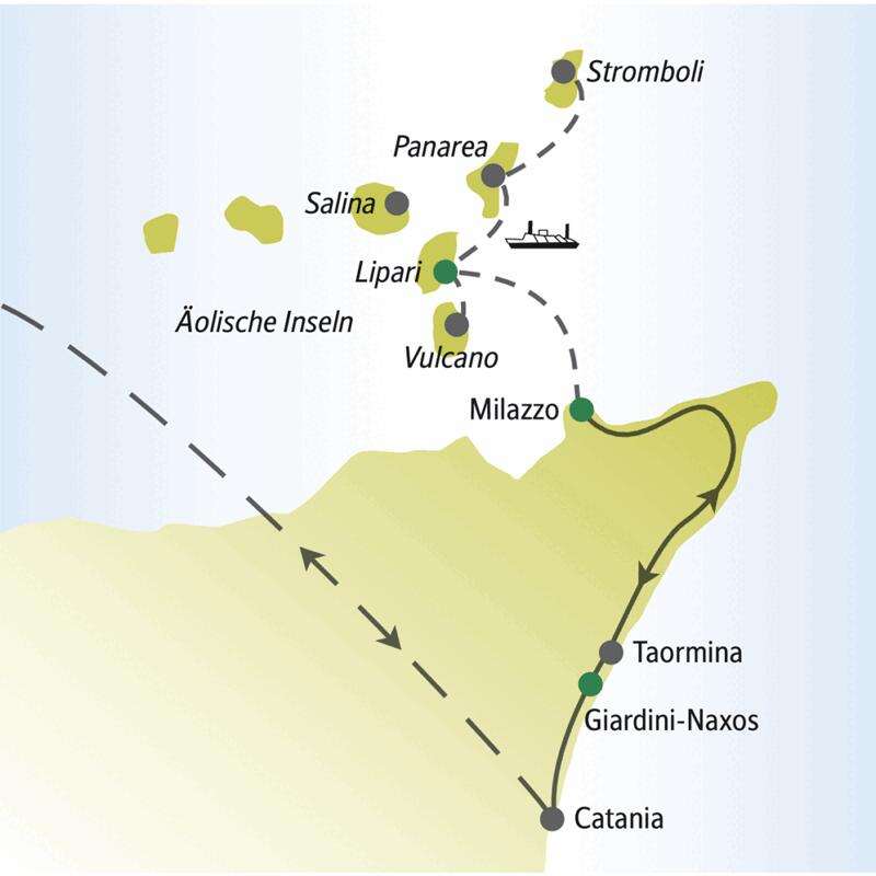 Ausgangspunkt unserer Singlereise in der Gruppe ist Milazzo. Von dort aus setzen wir auf die Inseln Lipari, Vulcano, Panarea und Stromboli über. Auf Wunsch können Sie auch die Insel Salina besuchen.