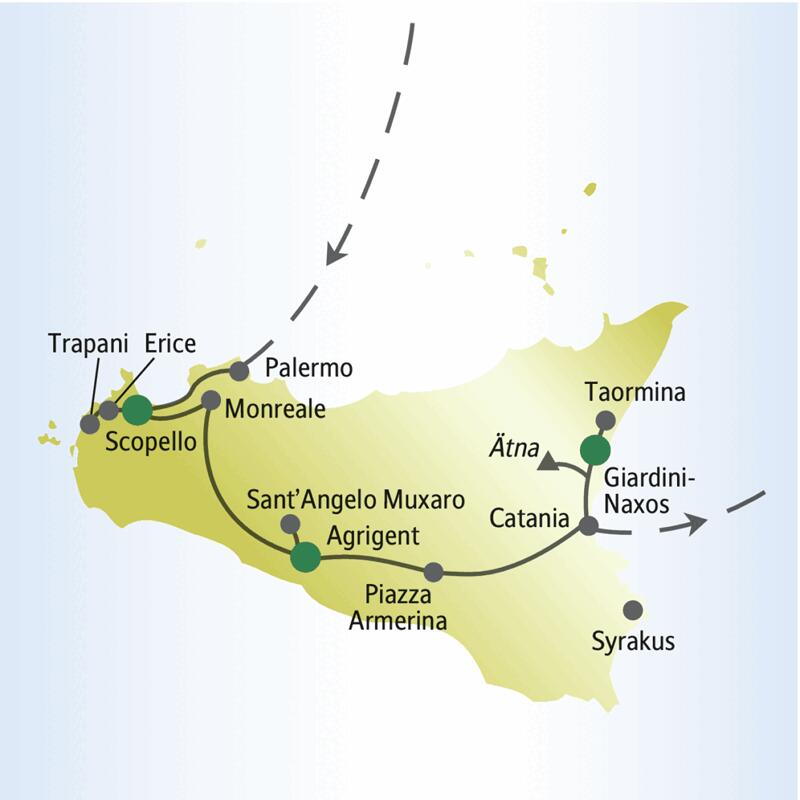 Die Studiosus-me&more-Reise für Singles und Alleinreisende nach Sizilien beginnt in Palermo und führt über Scopello, Monreale, Agrigent bis nach Catania. Auf Wunsch nehmen Sie an einem Ausflug nach Syrakus teil.
