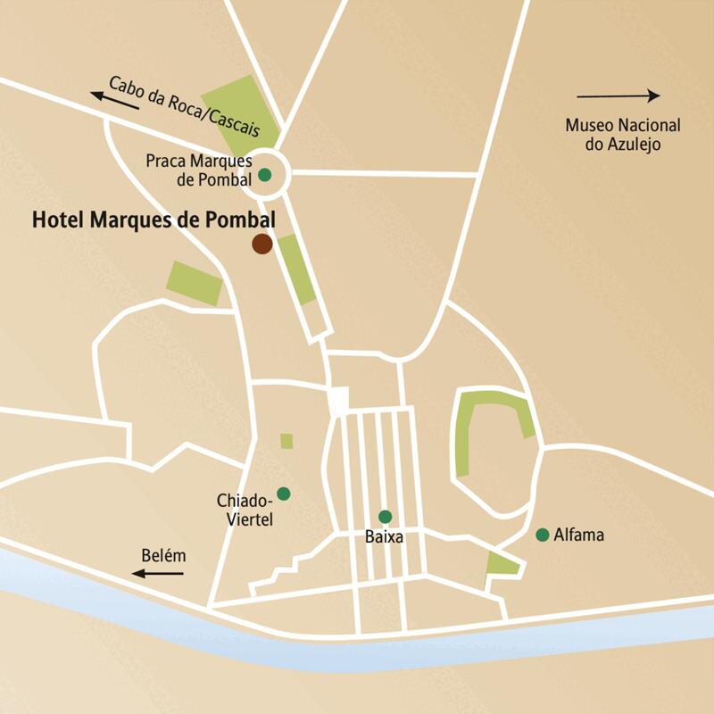 Die Karte zeigt die Innenstadt von Lissabon und wichtige Punkte unserer Silvesterreise für Singles und Alleinreisende, wie das Hotel Marques de Pombal, Baixa, Alfama, Chiado.