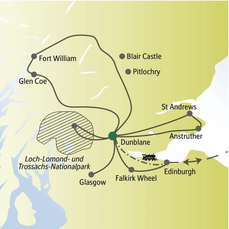 Auf unserer Rundreise für Singles und Alleinreisende nach Schottland beziehen wir unser Hotel in Dunblane, Ausgangspunkt für unsere Trips nach Glen Coe, zum Loch Katrine, nach Pitlochry, Glasgow, St Andrew, Falkirk Wheel und anderswo.