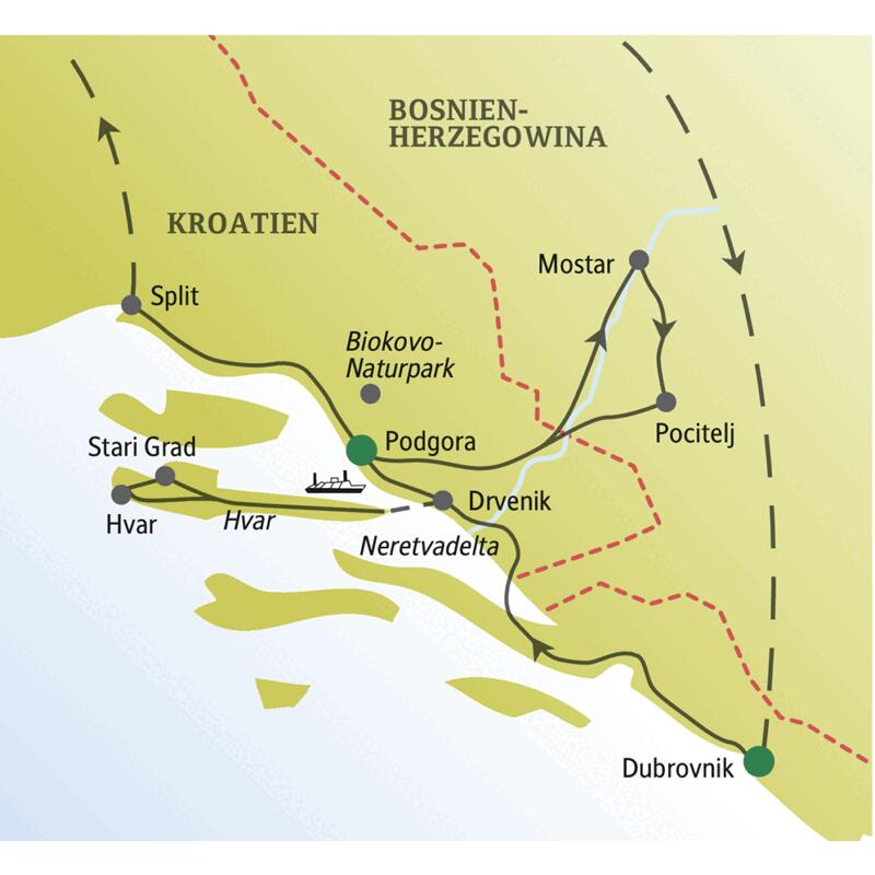 Unsere Singlereise startet in Dubrovnik und führt uns u. a. auf die Insel Hvar, nach Mostar, Split und in den Biokovo-Naturpark.