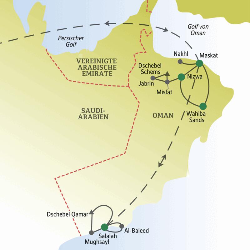 Auf unserer Singlereise in den Oman wir unter anderem nach Maskat, Nizwa, Jabrin, Dschebel Schems, Nakhl, Wahiba Sands und nach Salalah im Süden.
